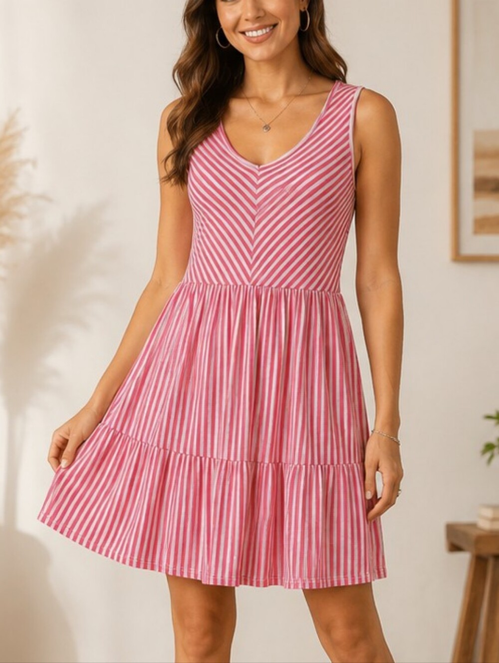 Espresso Red & Oatmeal Striped V-Neck Tiered Mini Dress Size Large